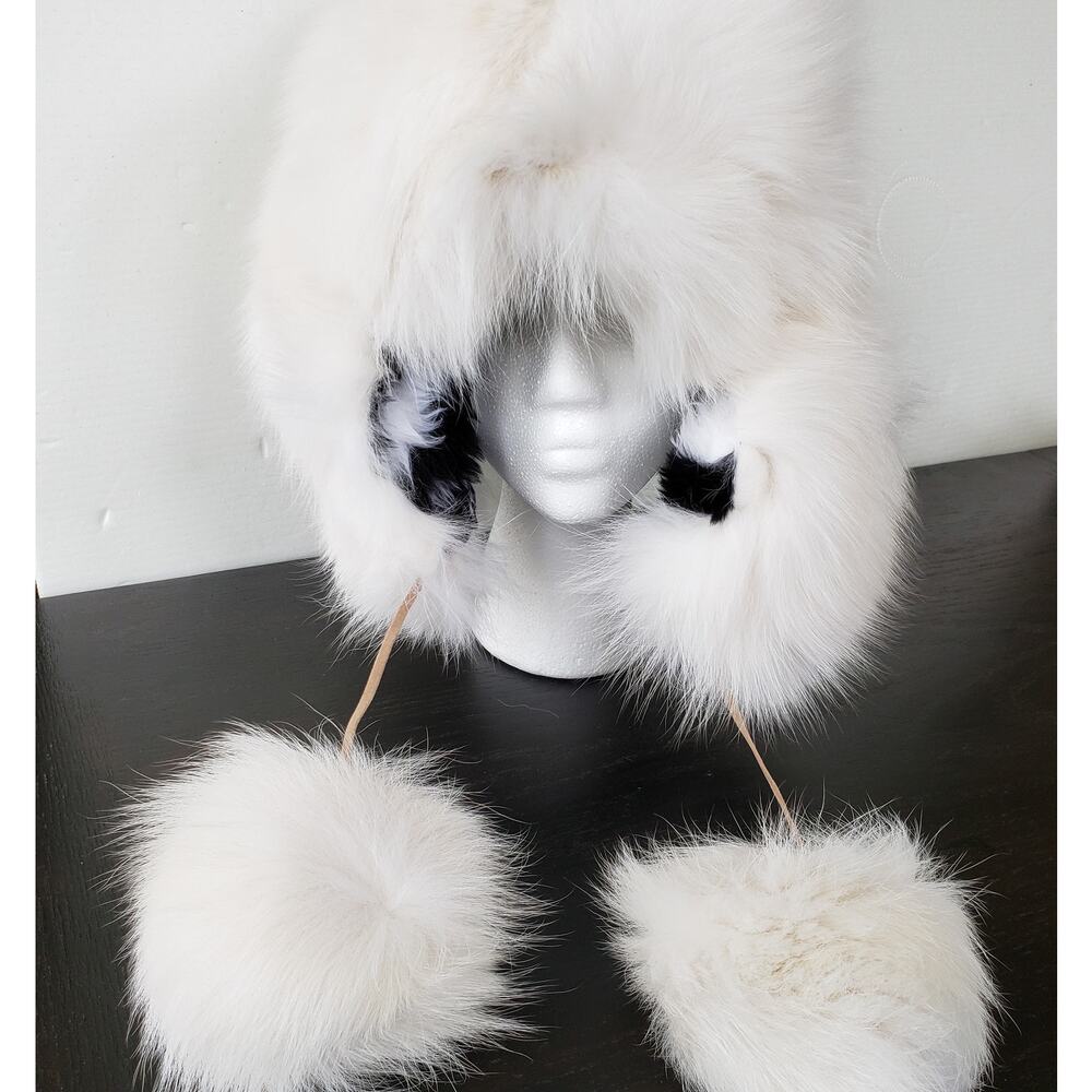 White Mink Reversible Trapper Hat Zebra Design Interior Pom Poms Leather Strap
